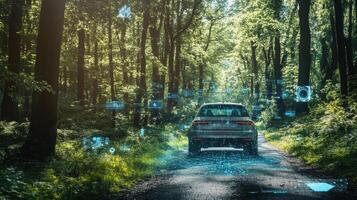 Advanced autonomous vehicle in nature, blending technology with surroundings. Robotic cars photo