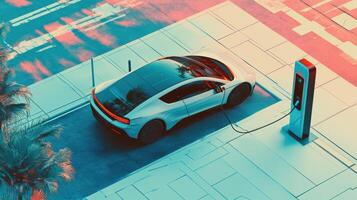 Futuristic charging station with autonomous vehicle, seamless and green energy. Robotic cars photo
