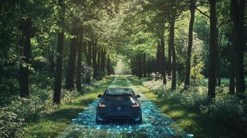 Driverless car avoiding obstacles on forest road, showcasing smart technology. Robotic cars photo