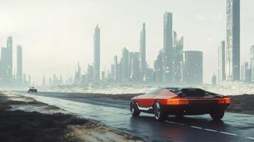 Futuristic robotic car on deserted road, advanced autonomous technology display. Robotic cars photo