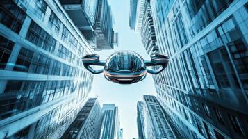 High-tech cityscape with flying robotic car, future of autonomous transportation. Robotic cars photo