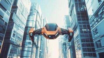 Flying robotic car gliding through skyscrapers, futuristic urban mobility. Robotic cars photo
