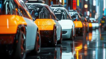 Autonomous taxis lined up in modern cityscape, future of urban transit. Robotic cars photo
