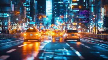 Driverless vehicles with holographic projections, futuristic urban night scene. Robotic cars photo