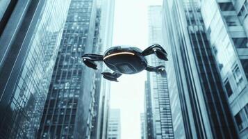 Futuristic flying car navigating urban skyline, blending technology with mobility. Robotic cars photo