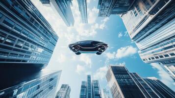 Autonomous flying vehicle in high-tech city, showcasing advanced innovation. Robotic cars photo