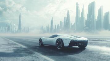 Self-driving car with no driver, futuristic skyscrapers on the horizon. Robotic cars photo