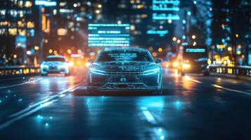 Nighttime city drive with autonomous cars, blending headlights and data displays. Robotic cars photo