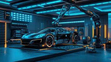 Robot arm performing maintenance on car, cutting-edge vehicle technology. Robotic cars photo