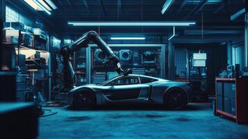 Autonomous car repair in high-tech garage, robotic arm showcasing precision. Robotic cars photo