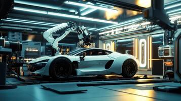 Robot arm conducting diagnostics on robotic car, futuristic vehicle maintenance. Robotic cars photo