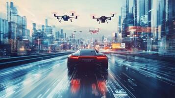 Flying drones and holographic signs, robotic car in modern cityscape. Robotic cars photo