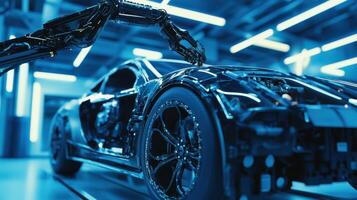 Futuristic garage with robotic car diagnostics, advanced repair innovation. Robotic cars photo