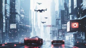 Driverless car navigating urban landscape, futuristic tech and drones in motion. Robotic cars photo