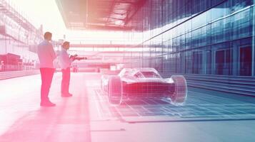Scientists observing robotic car, showcasing cutting-edge autonomous technology. Robotic cars photo