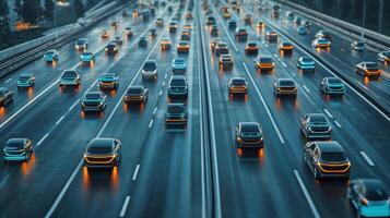 Autonomous vehicles navigating heavy traffic, seamless and advanced technology. Robotic cars photo