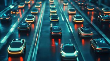 Robotic cars in sync on busy highway, showcasing flawless autopilot systems. Robotic cars photo