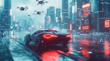 Robotic car in futuristic city with drones and holographic signs, tech integration. Robotic cars photo