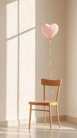 Heart-shaped balloon in sunny room, elegant and airy Valentine's composition. Valentine's Day photo