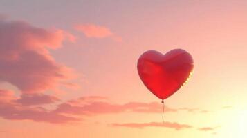 Red heart balloon floating in pastel sunset sky, romantic and serene mood. Valentine's Day photo