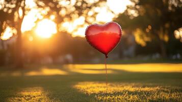 Floating heart balloon over greenery, romantic sunset and gentle breeze. Valentine's Day photo