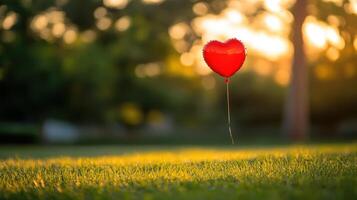 Red heart balloon floating over park at sunset, romantic and serene glow. Valentine's Day photo