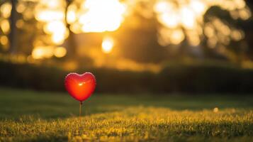 Heart-shaped balloon swaying in sunset light, warm and romantic scene. Valentine's Day photo