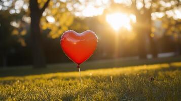 Balloon in golden sunset above park, soft and calm Valentine's Day atmosphere. Valentine's Day photo