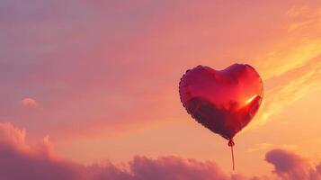 Balloon reflecting golden light, soft pink sky and calm romantic atmosphere. Valentine's Day photo