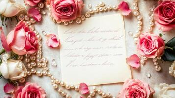 Luxurious Valentine's letter surrounded by roses and elegant pearls. Valentine's Day photo
