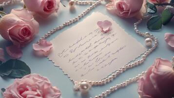 Romantic letter with fresh roses and delicate pearls, opulent Valentine's vibe. Valentine's Day photo