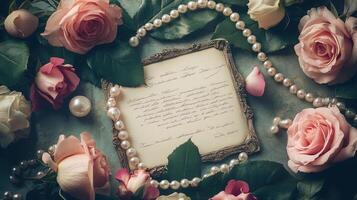 Beautifully written letter adorned with roses and pearls, elegant Valentine's scene. Valentine's Day photo