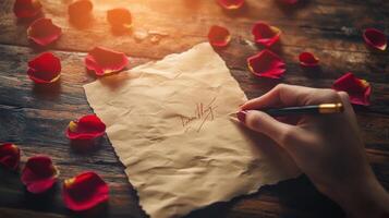 Handwriting love letter on parchment, soft lighting and floral charm. Valentine's Day photo
