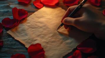 Romantic Valentine's scene with ink pen and parchment, warm and tender mood. Valentine's Day photo