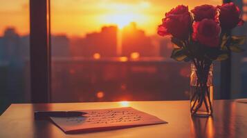 Letter on table with glowing sunset view, peaceful Valentine's atmosphere. Valentine's Day photo