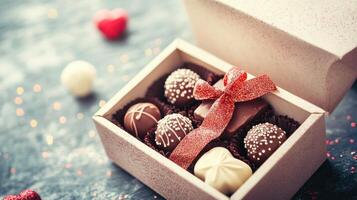Open gift box revealing chocolates and jewelry, festive Valentine's Day charm. Valentine's Day photo
