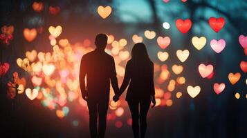 Romantic lantern-lit backdrop with couple's hands intertwined, festive warmth. Valentine's Day photo