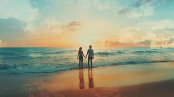 Romantic beach walk at sunset, couple holding hands by the gentle waves. Valentine's Day photo