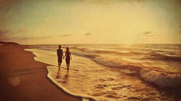 Tranquil seaside moment with couple holding hands, glowing sunset scene. Valentine's Day photo