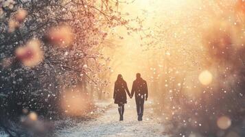 Blooming trees and falling snow, couple's tender moment in serene park. Valentine's Day photo