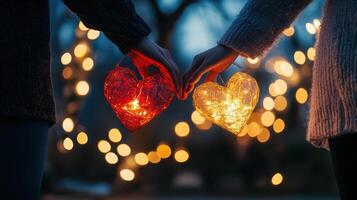 Couple holding hands under glowing string lights, magical Valentine's ambiance. Valentine's Day photo