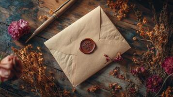 Vintage envelope with wax seal, quill, and dried flowers for classic Valentine's charm. Valentine's Day photo