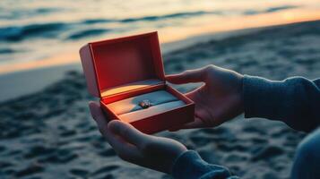 Man presenting ring to partner, romantic Valentine's proposal scene. Valentine's Day photo