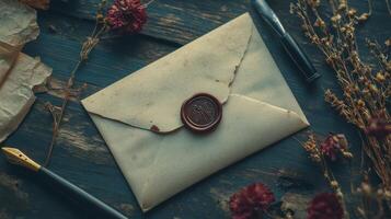 Wax-sealed letter with quill and flowers, elegant Valentine's Day atmosphere. Valentine's Day photo