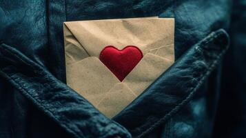 Romantic note in jacket pocket, soft light and tender Valentine's symbolism. Valentine's Day photo