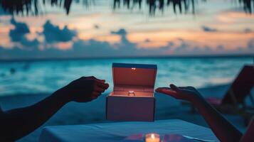 Beachside or restaurant proposal, heartfelt Valentine's moment captured. Valentine's Day photo