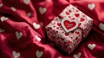 Decorated Valentine's gift on red fabric, celebrating love and romance. Valentine's Day photo