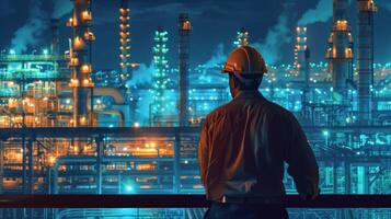 An oil refinery at night. photo