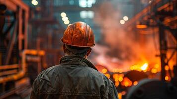 A steelworker looks out over the factory floor. photo