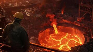 A steel worker watches a river of molten metal being poured into a holding container. photo